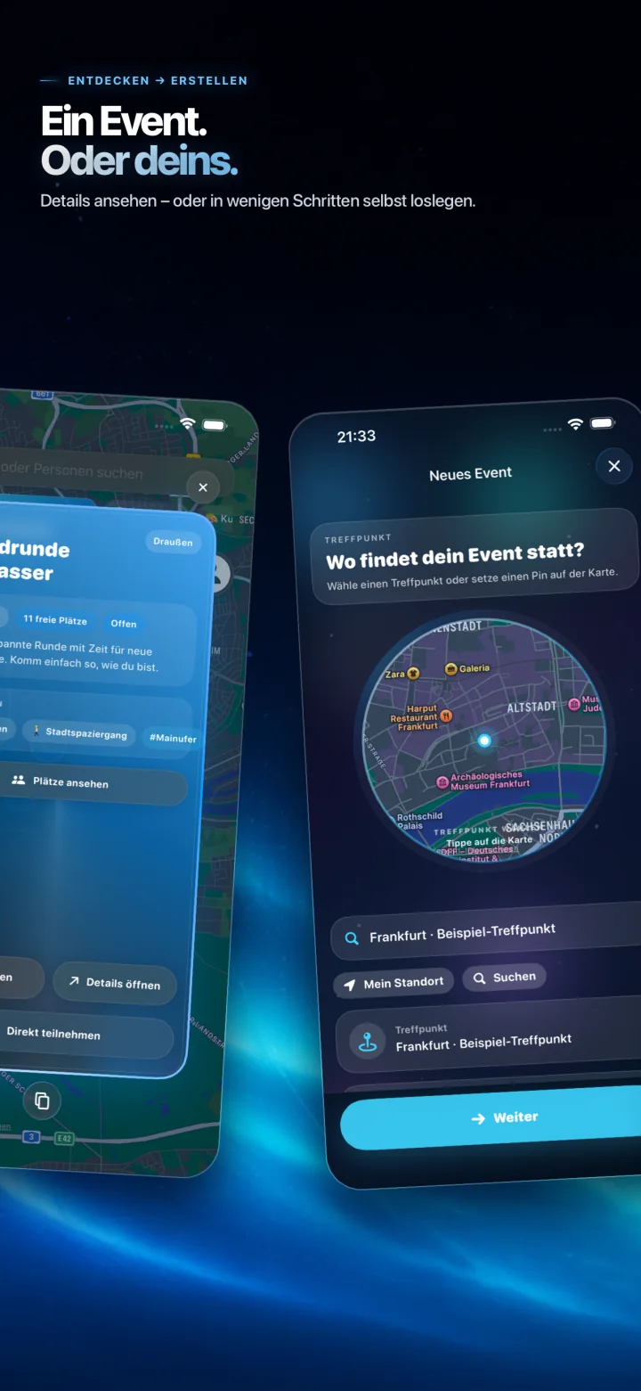 Cliqly Eventdetails und Ablauf zum Erstellen eines neuen Events
